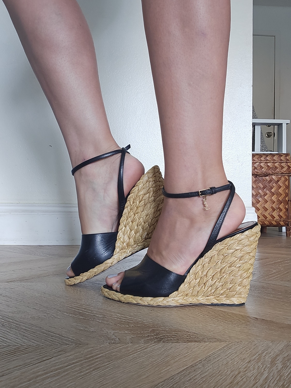 Yves Saint Laurent Black Leather Espadrille Wedge Sandals with Ankle Strap